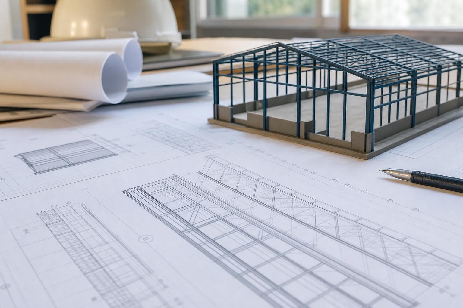 برنامه نیازمندی و مدل اسکلت سوله روی میز طراحی